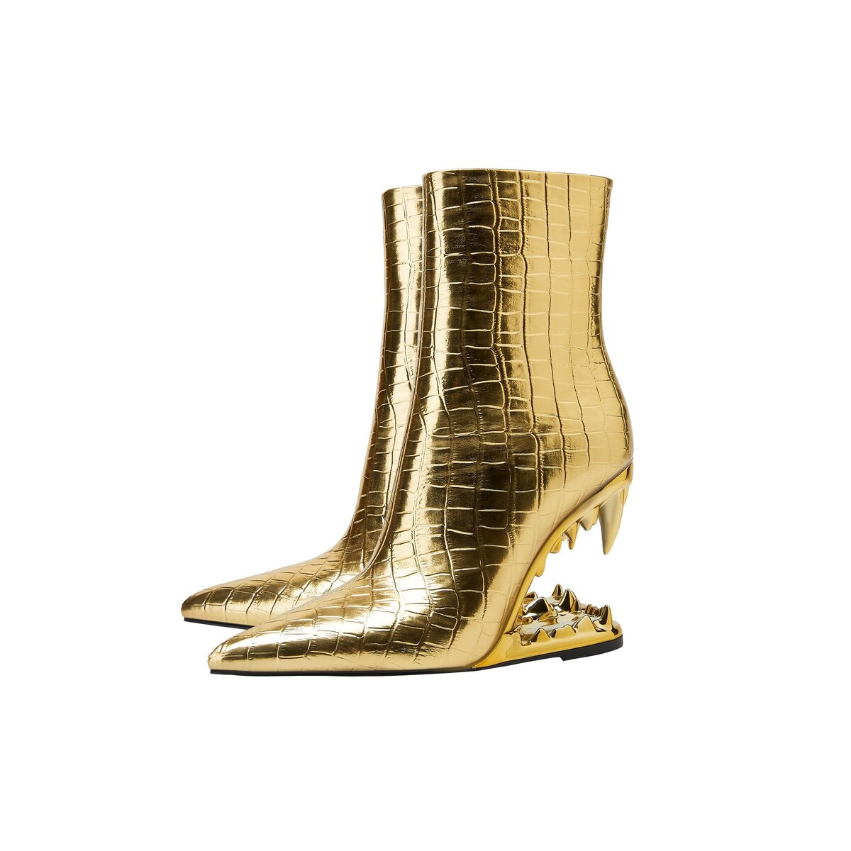 Metallic Gold Crocodile Embossed Sculptural Bite Heel Ankle Boots