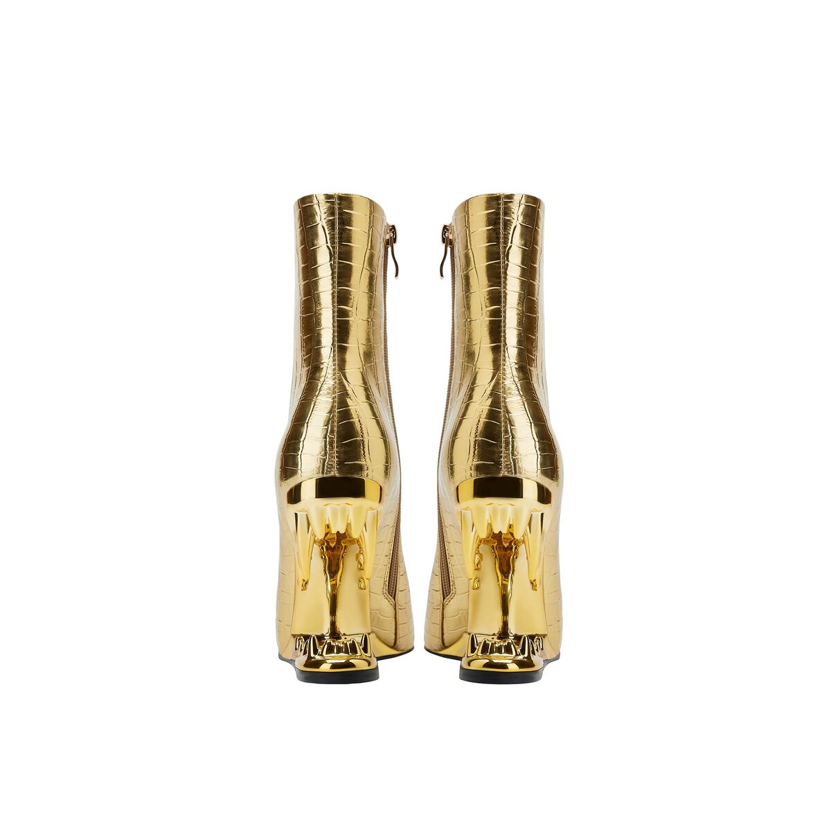 Metallic Gold Crocodile Embossed Sculptural Bite Heel Ankle Boots