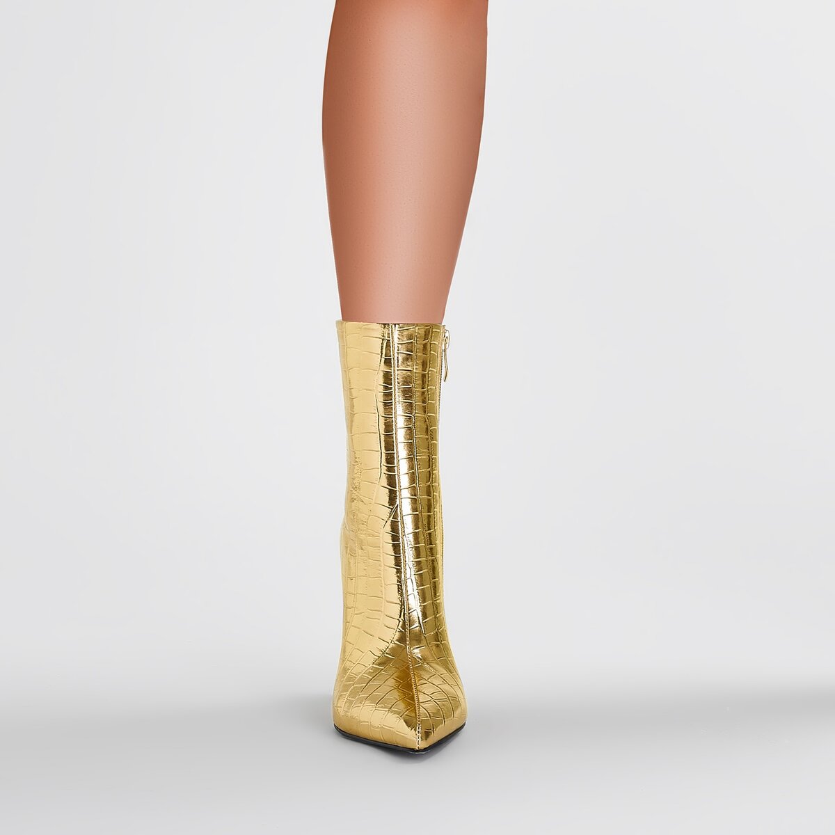 Metallic Gold Crocodile Embossed Sculptural Bite Heel Ankle Boots