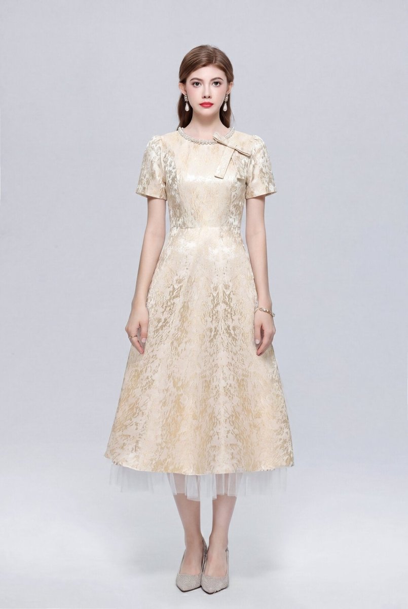 Metallic Jacquard Midi Dress with Pearl Bow Neckline and Tulle Hem