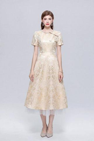 Metallic Jacquard Midi Dress with Pearl Bow Neckline and Tulle Hem