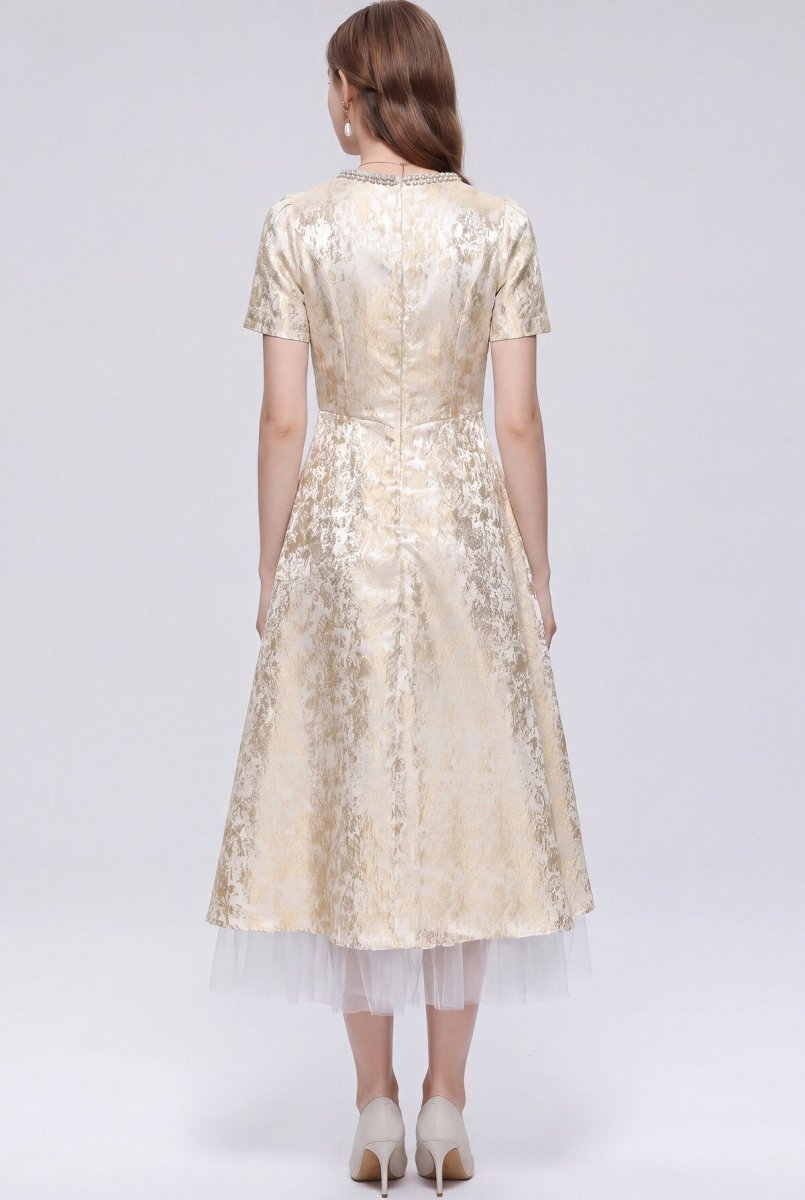 Metallic Jacquard Midi Dress with Pearl Bow Neckline and Tulle Hem