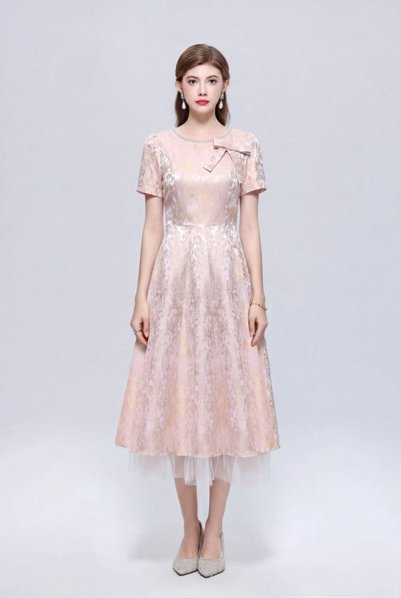 Metallic Jacquard Midi Dress with Pearl Bow Neckline and Tulle Hem