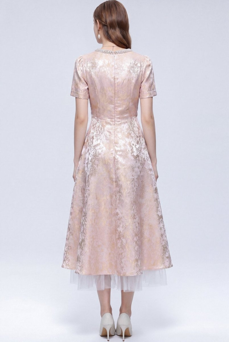 Metallic Jacquard Midi Dress with Pearl Bow Neckline and Tulle Hem
