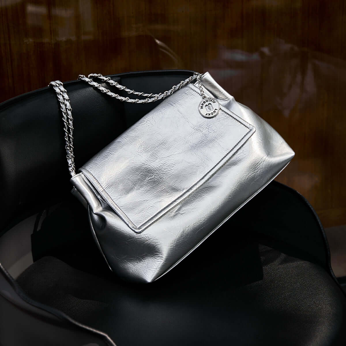 metallic leather chain strapped shoulder bag all 3