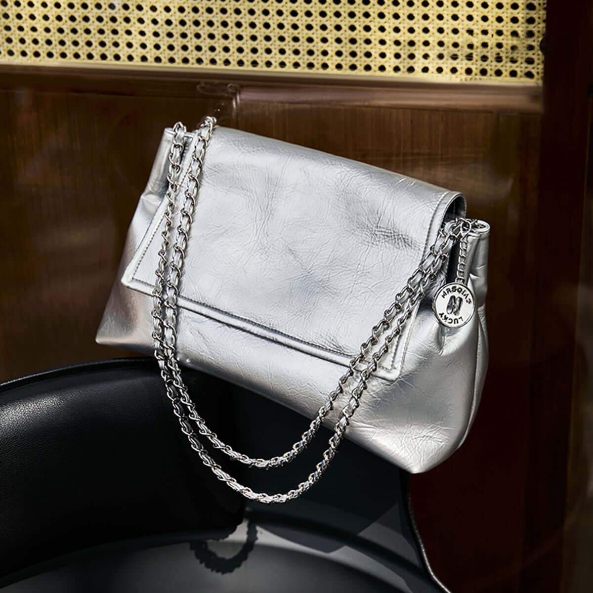 metallic leather chain strapped shoulder bag all 5