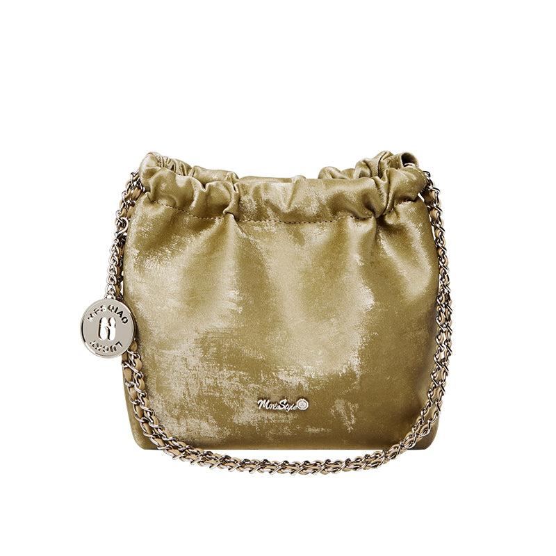 metallic leather pleated chain strap bag olive 1
