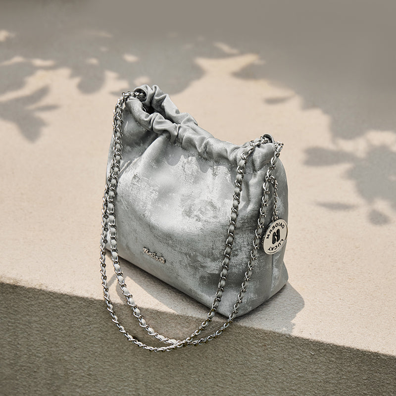 metallic leather pleated chain strap bag silver 2