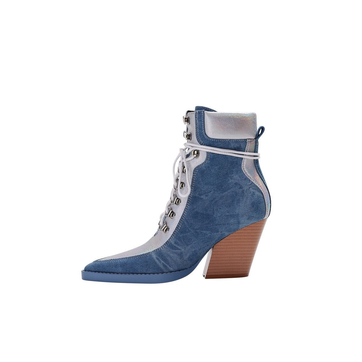 Metallic Panel Denim Lace Up Western Ankle Boots