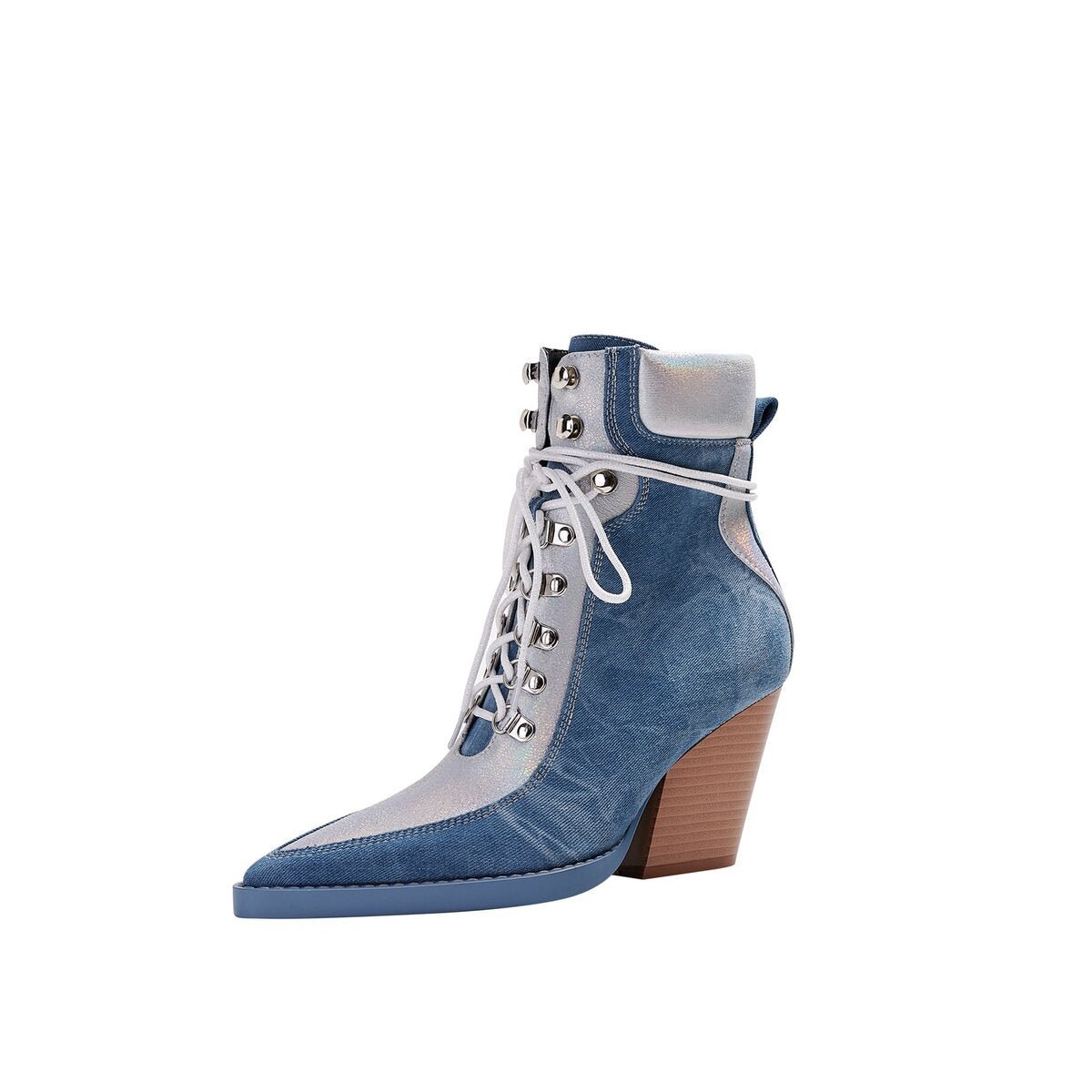 Metallic Panel Denim Lace Up Western Ankle Boots