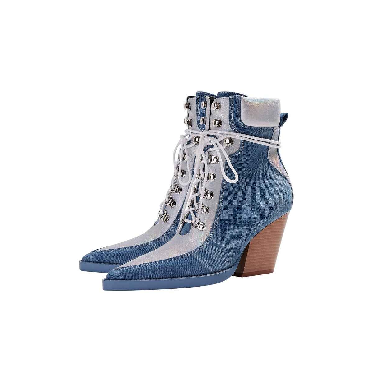 Metallic Panel Denim Lace Up Western Ankle Boots