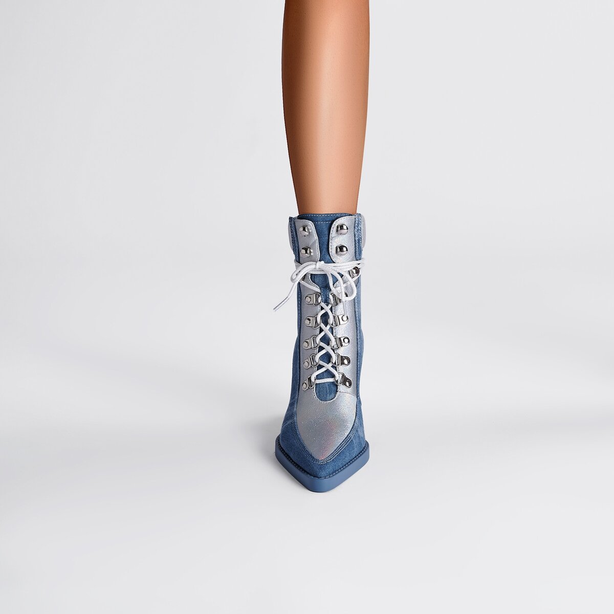 Metallic Panel Denim Lace Up Western Ankle Boots