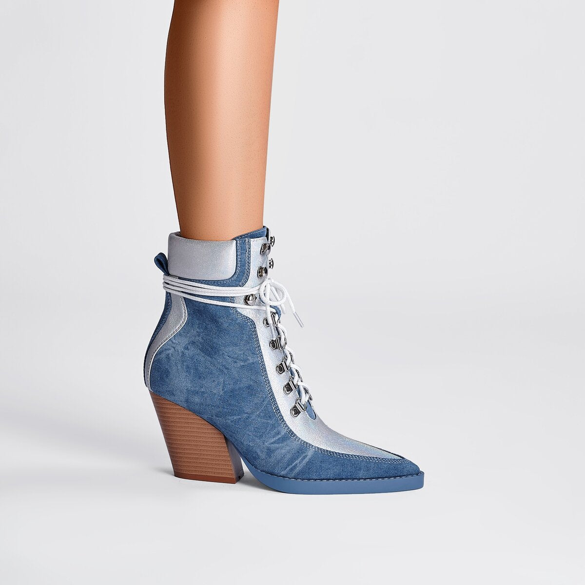 Metallic Panel Denim Lace Up Western Ankle Boots