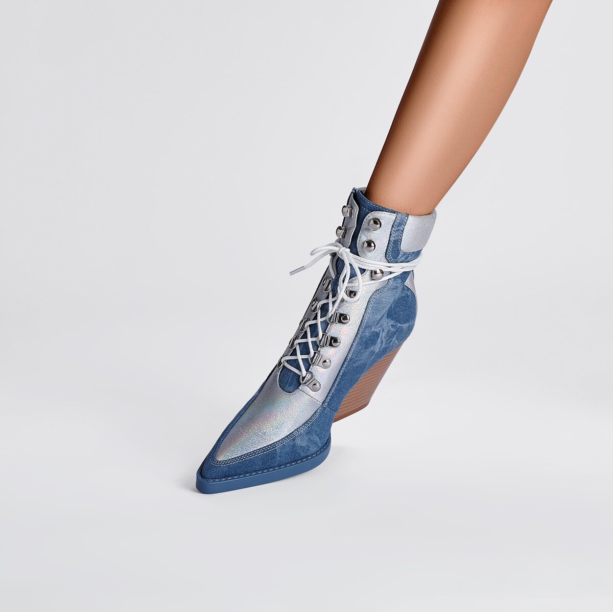 Metallic Panel Denim Lace Up Western Ankle Boots