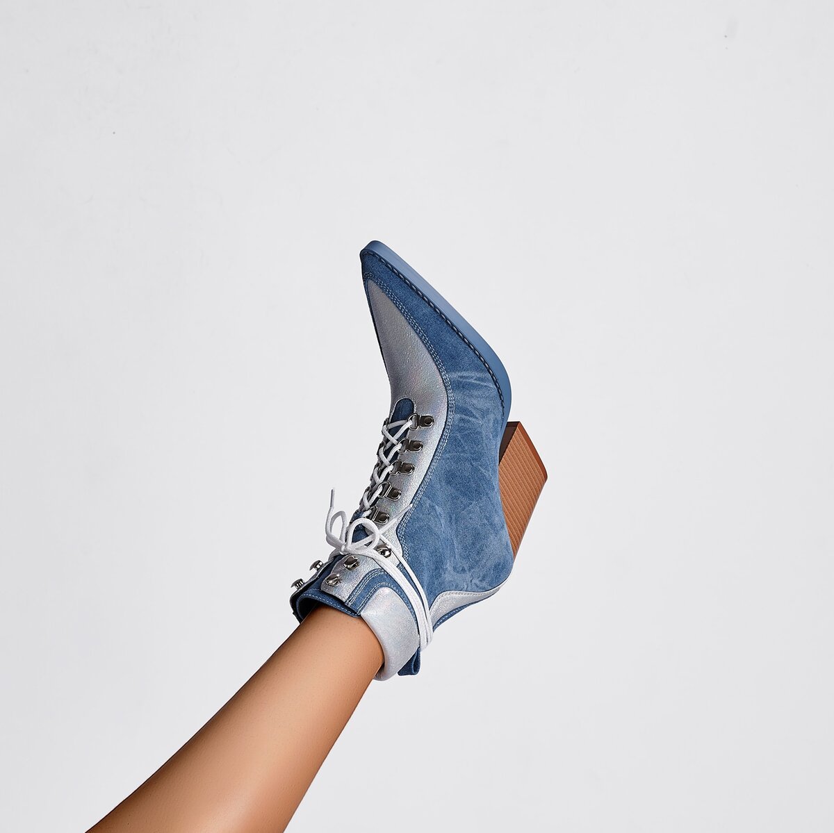Metallic Panel Denim Lace Up Western Ankle Boots