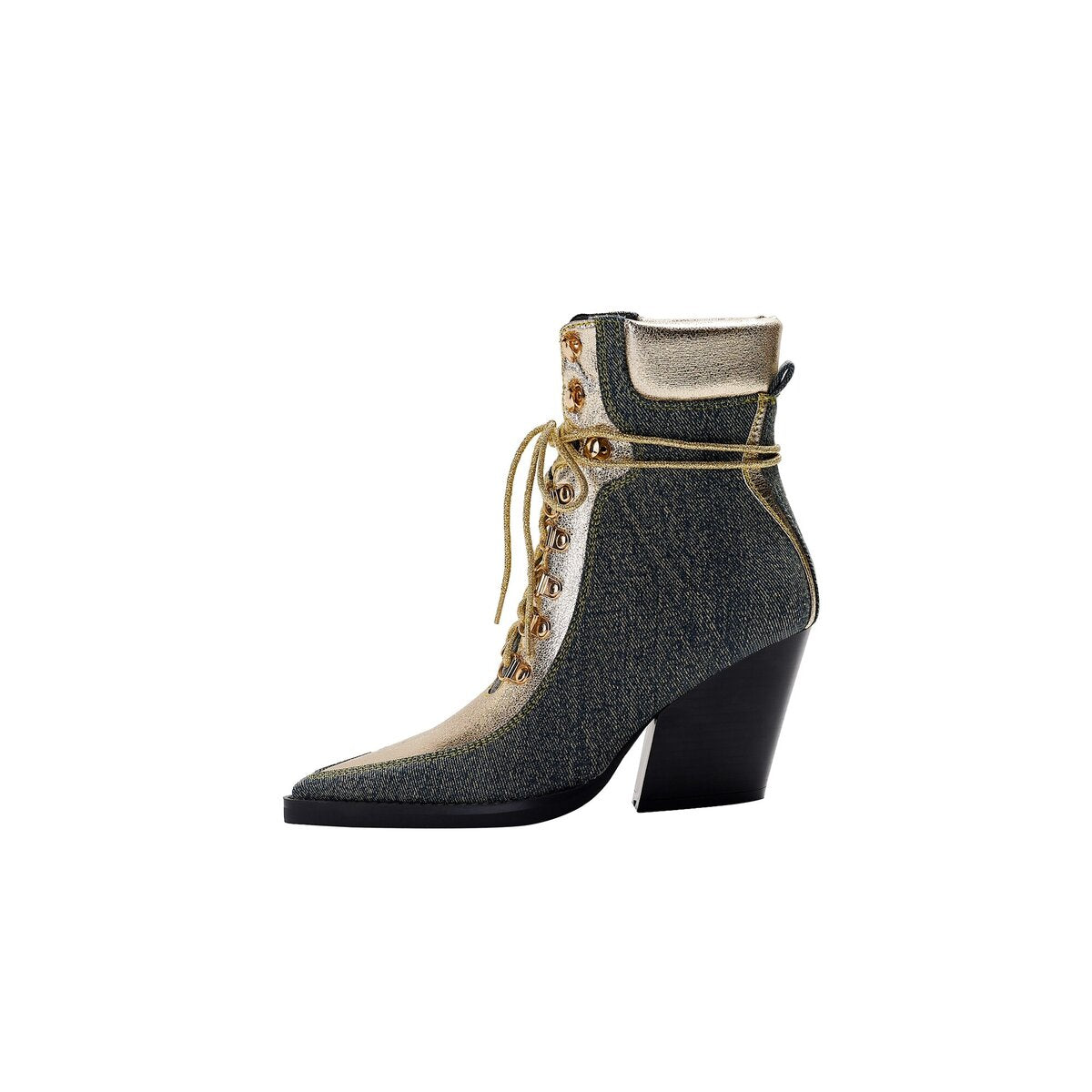 Metallic Panel Denim Lace Up Western Ankle Boots