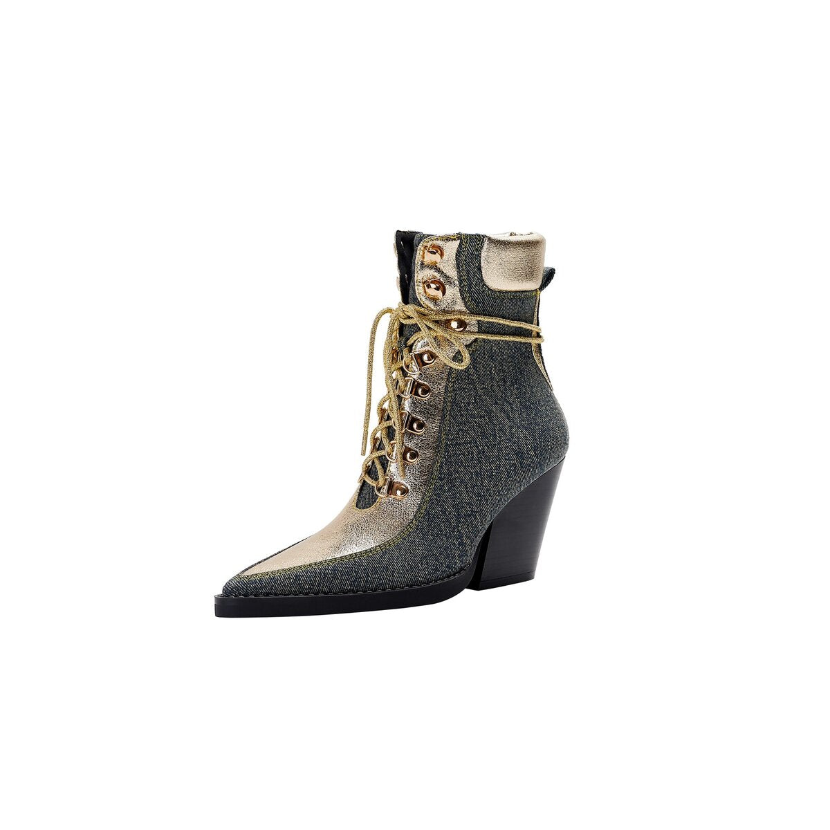 Metallic Panel Denim Lace Up Western Ankle Boots