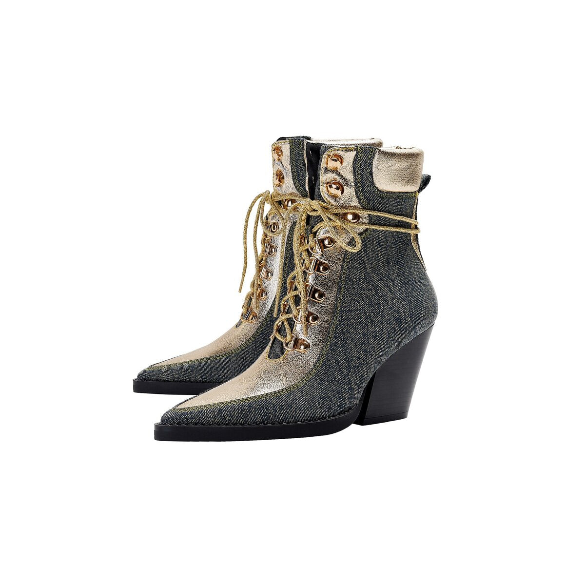 Metallic Panel Denim Lace Up Western Ankle Boots