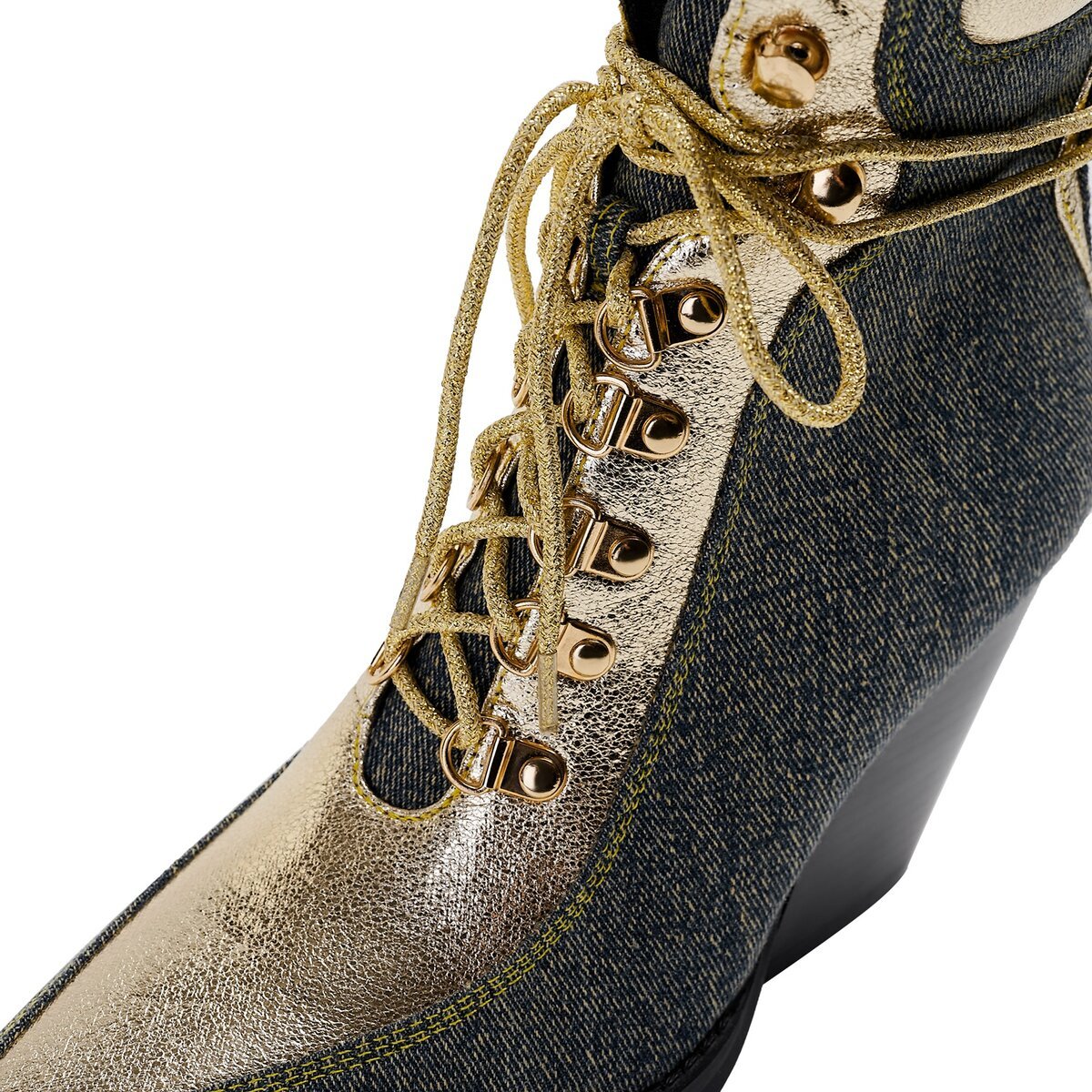 Metallic Panel Denim Lace Up Western Ankle Boots