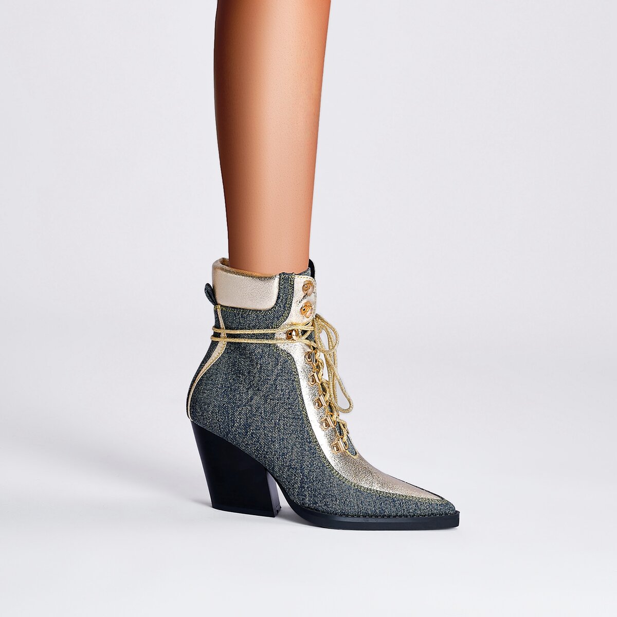 Metallic Panel Denim Lace Up Western Ankle Boots