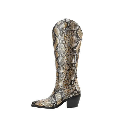 Metallic Python Print Western Knee High Boots