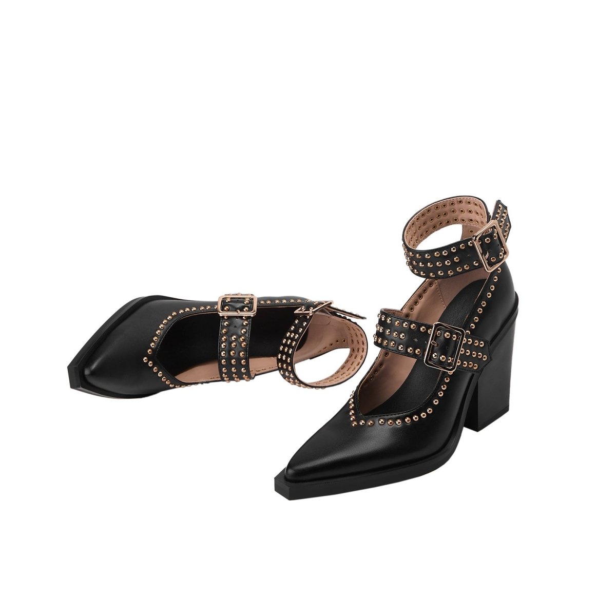 Metallic Rivets Black Double Buckle Mary Jane Pumps - 0cm