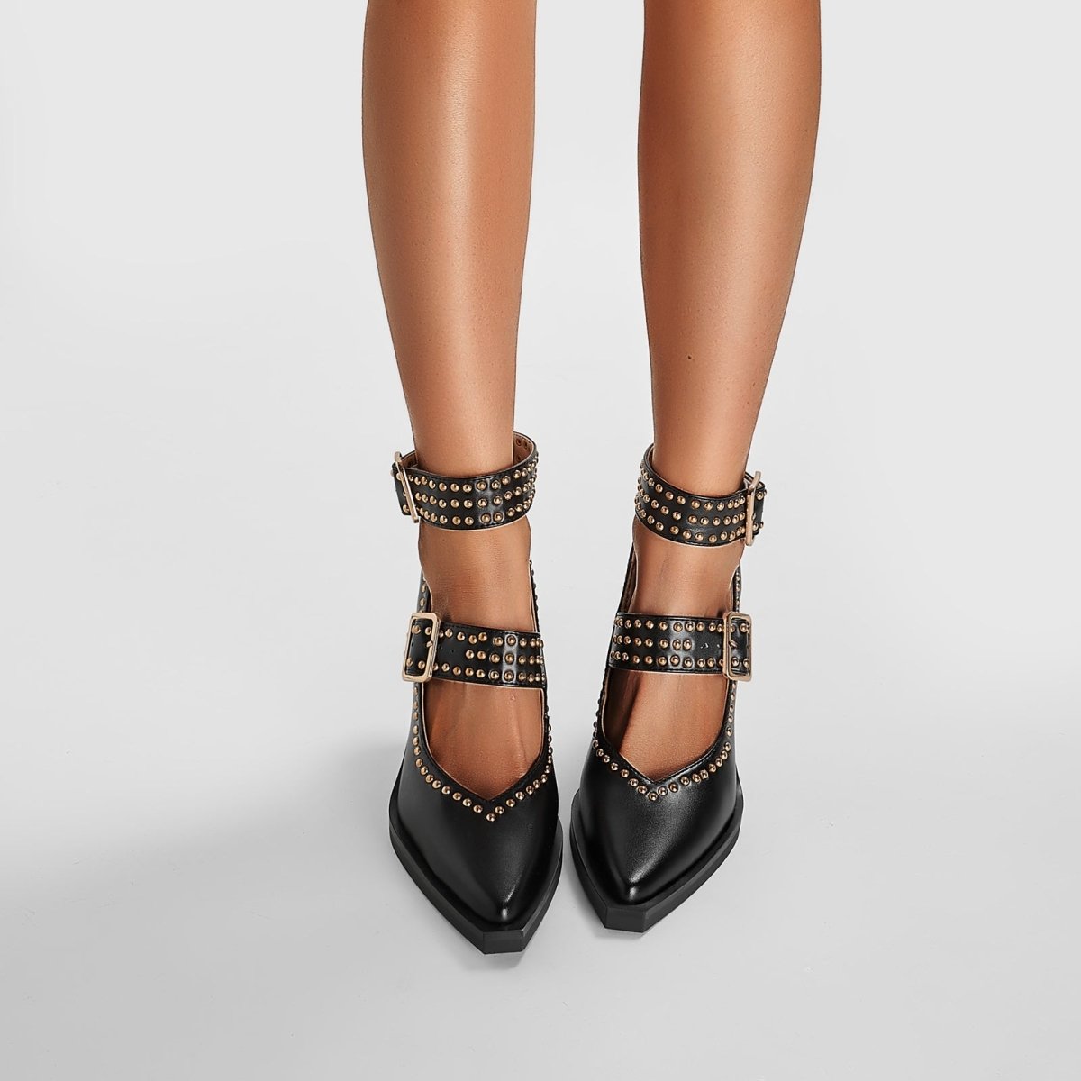 Metallic Rivets Black Double Buckle Mary Jane Pumps - 0cm