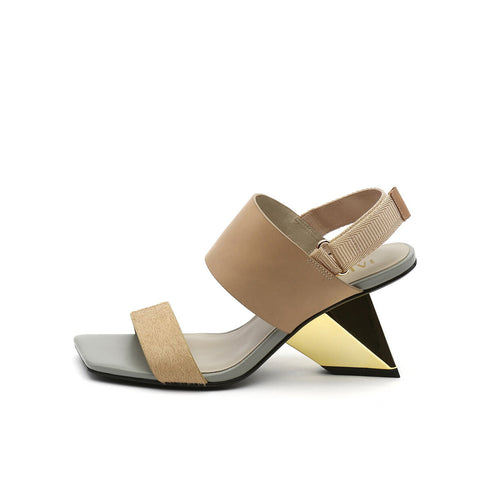 Metallic Sculptural Heel Square Toe Sandals