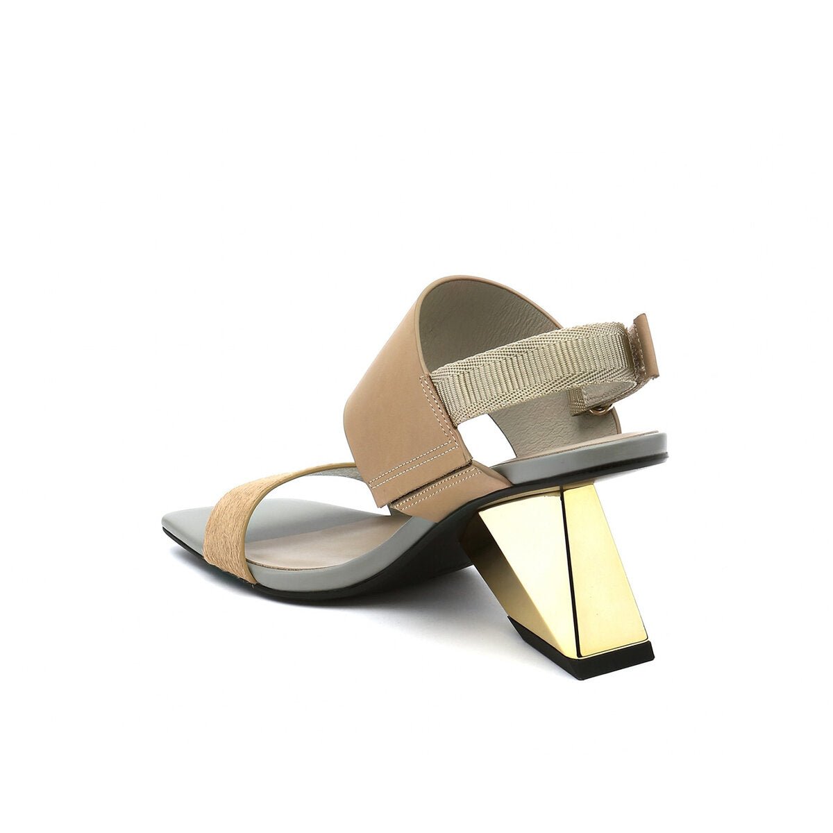 Metallic Sculptural Heel Square Toe Sandals