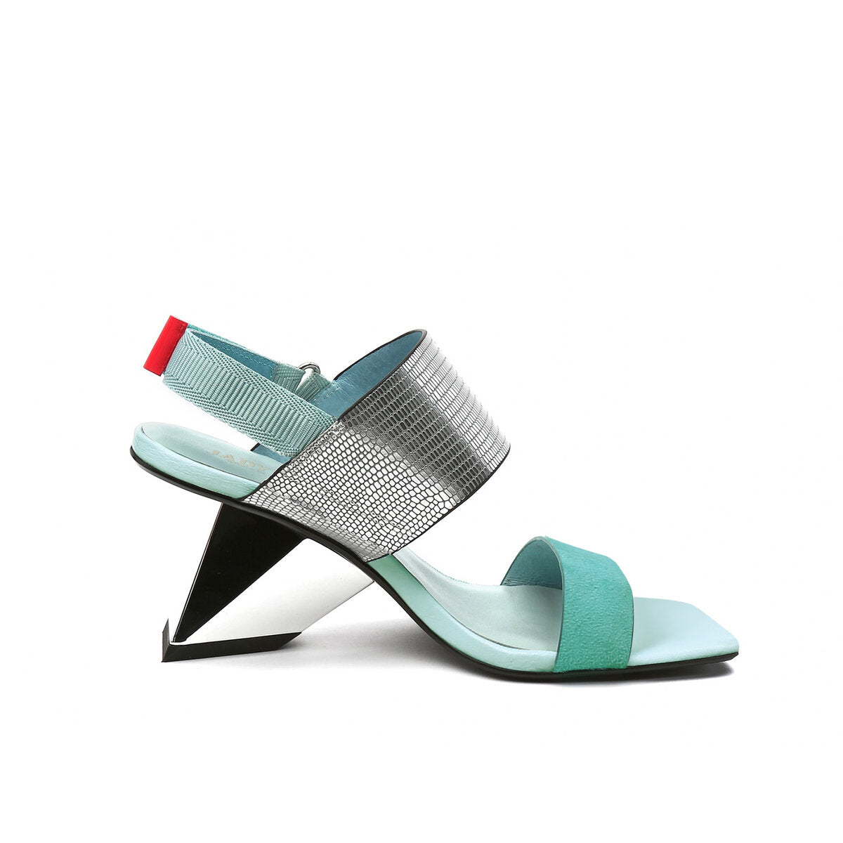 Metallic Sculptural Heel Square Toe Sandals