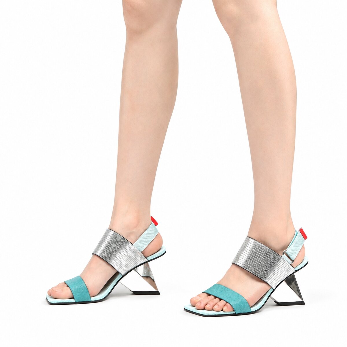 Metallic Sculptural Heel Square Toe Sandals
