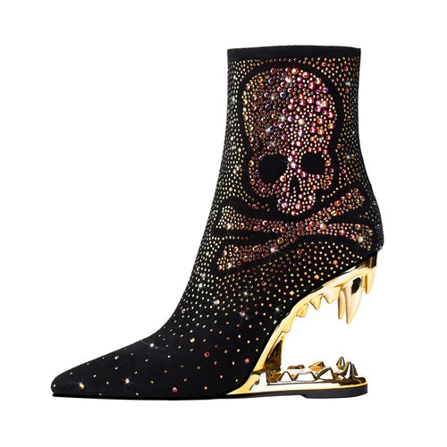 Metallic Skull and Bones Bite Heel Black Ankle Boots - 0cm