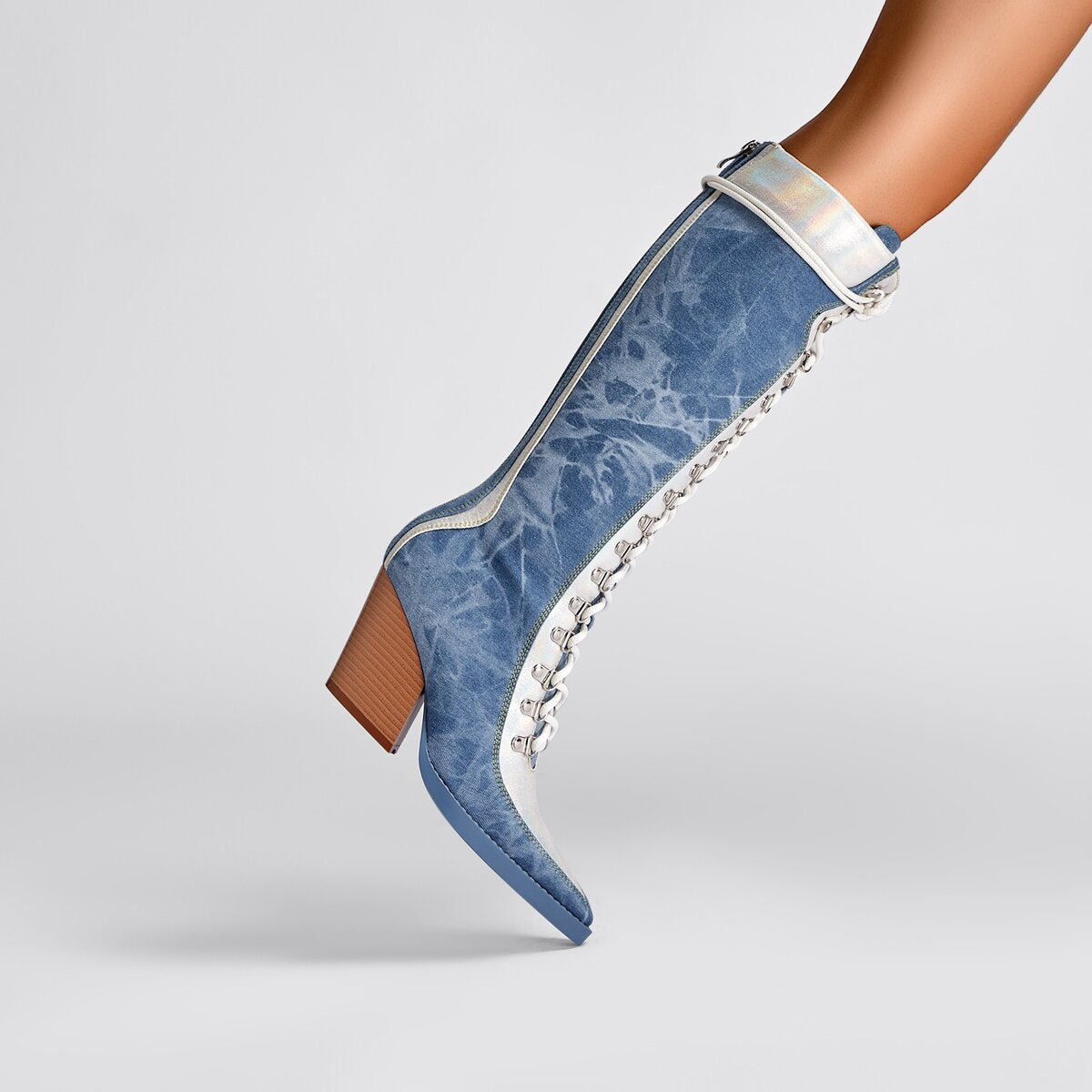 Metallic Trim Denim Lace Up Knee High Cowboy Boots