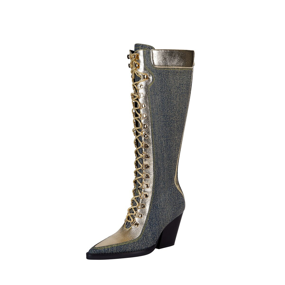 Metallic Trim Denim Lace Up Knee High Cowboy Boots