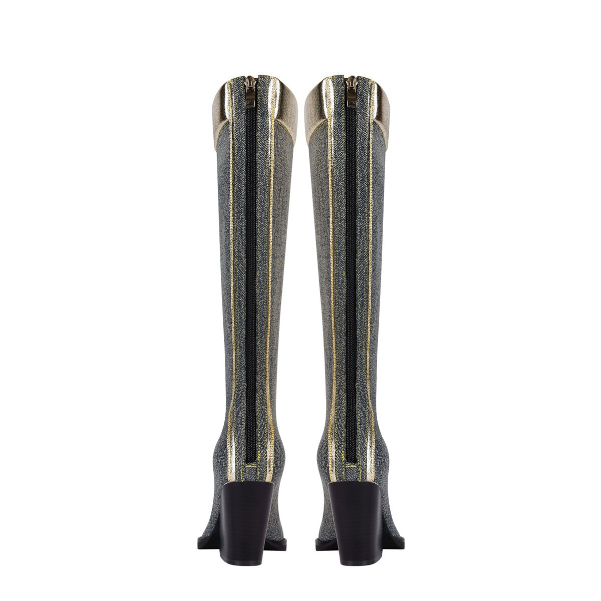 Metallic Trim Denim Lace Up Knee High Cowboy Boots