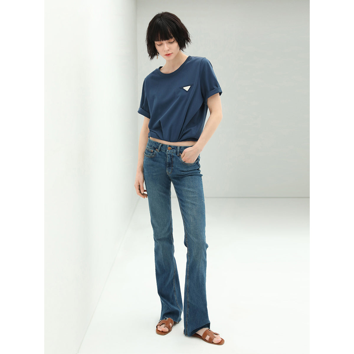 mid rise stretchable blue jeans with frayed hems all blue 1