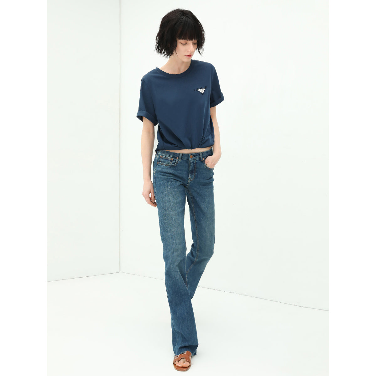 mid rise stretchable blue jeans with frayed hems all blue 2