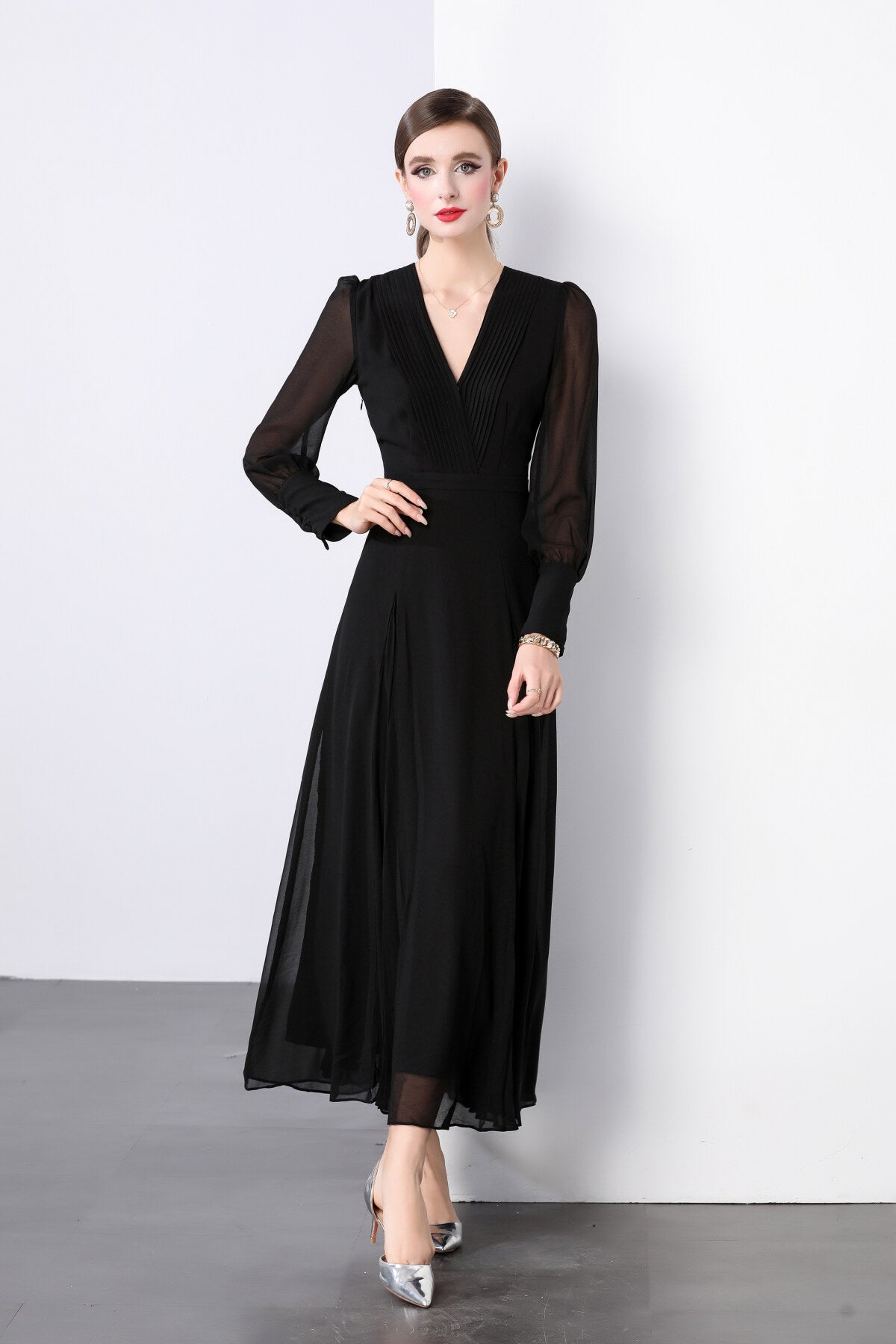 midnight black long sleeve ruched waist v neck maxi dress all black 1
