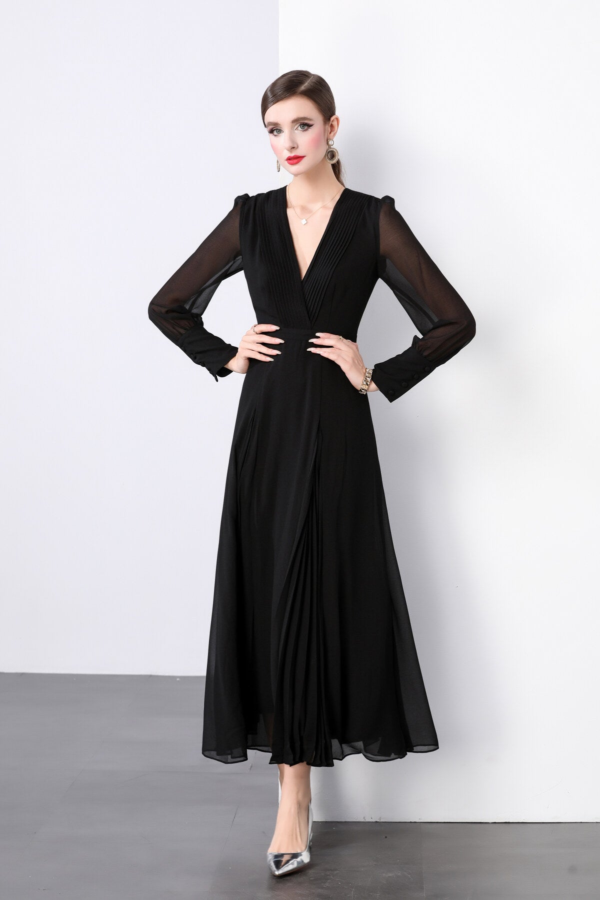midnight black long sleeve ruched waist v neck maxi dress all black 2
