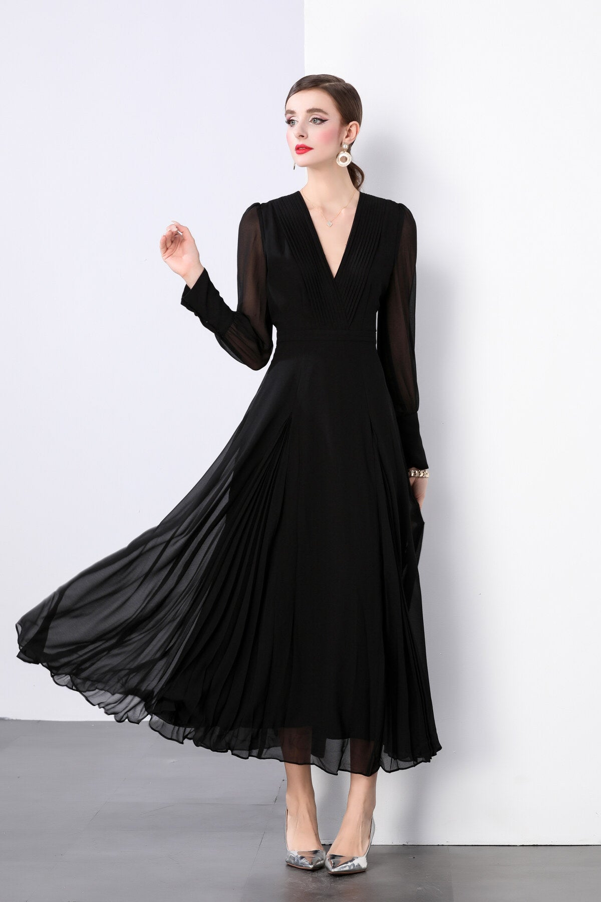 midnight black long sleeve ruched waist v neck maxi dress all black 3