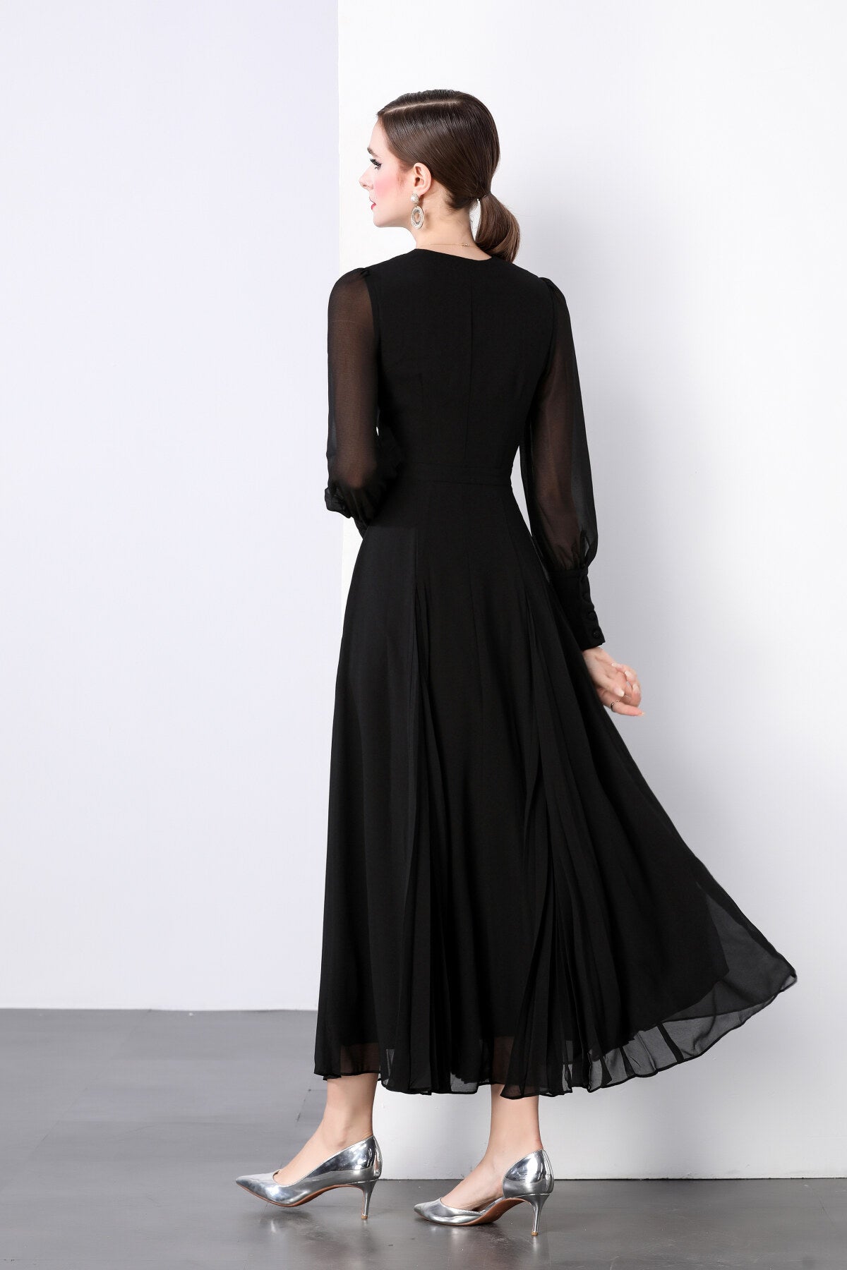 midnight black long sleeve ruched waist v neck maxi dress all black 4