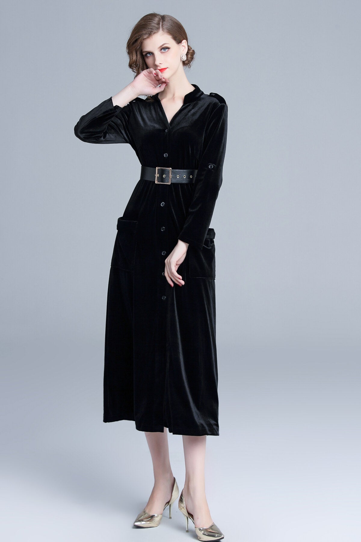 midnight black velvet long sleeve belted midi dress all black 1.JPG