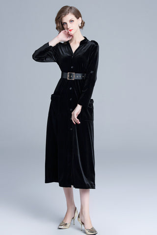 Midnight Black Velvet Long Sleeve Belted Midi Dress