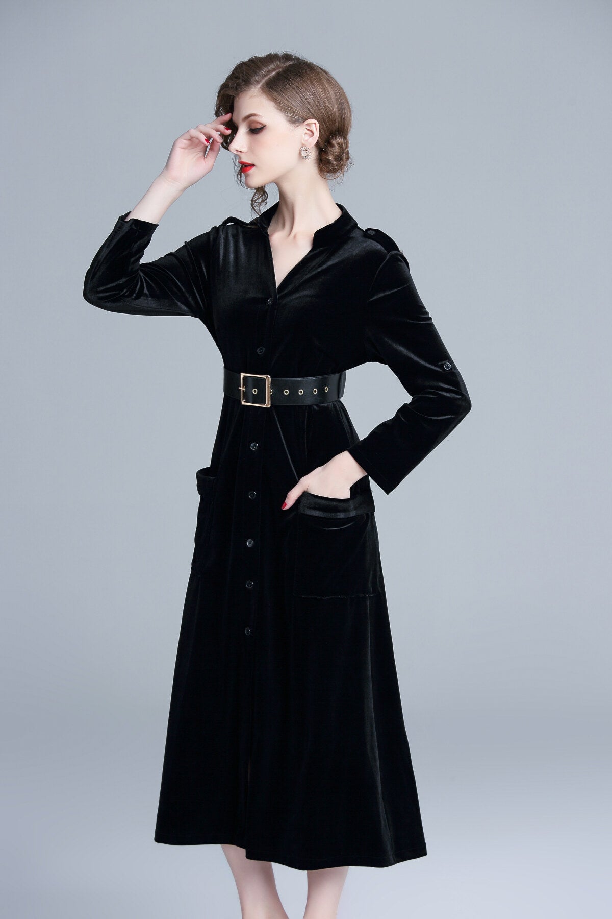 midnight black velvet long sleeve belted midi dress all black 2.JPG
