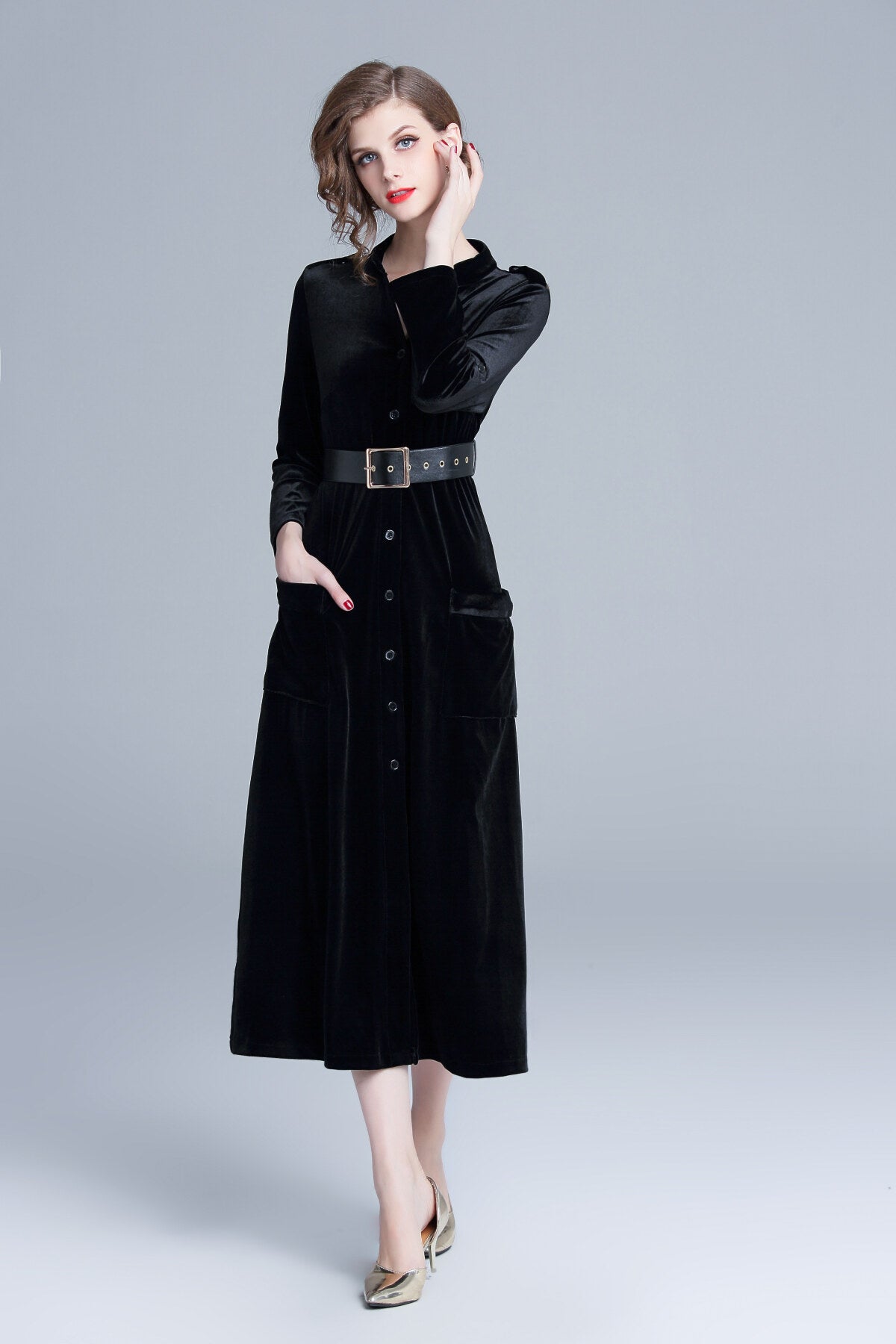 midnight black velvet long sleeve belted midi dress all black 3.JPG