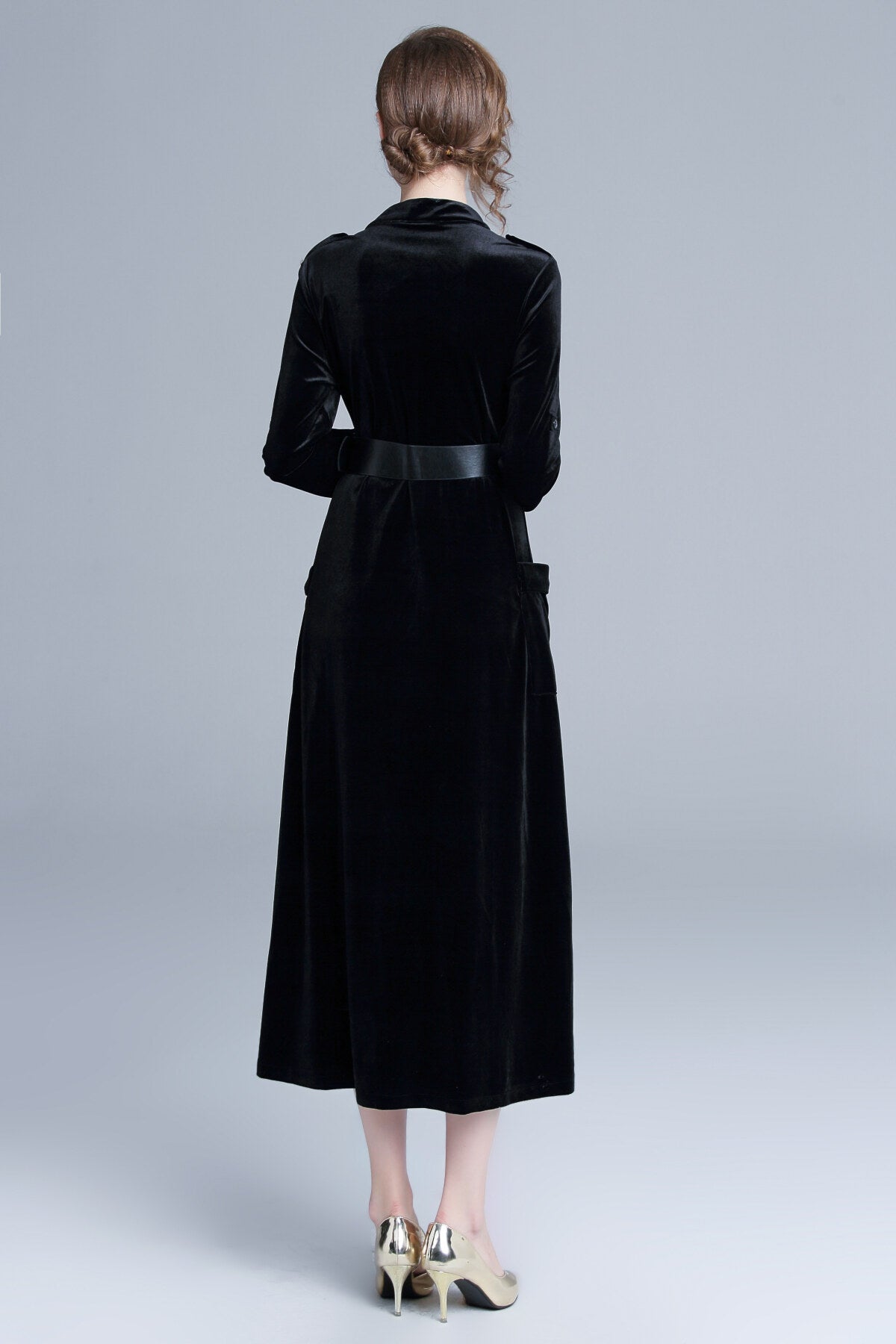 midnight black velvet long sleeve belted midi dress all black 4.JPG
