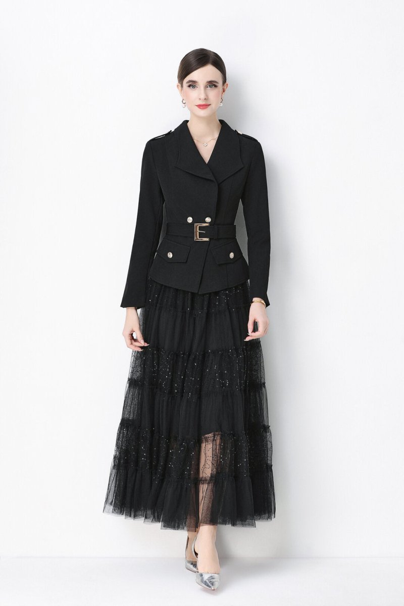 Military Notch-Lapel Peplum Jacket & Tiered Glitter Tulle Skirt Set