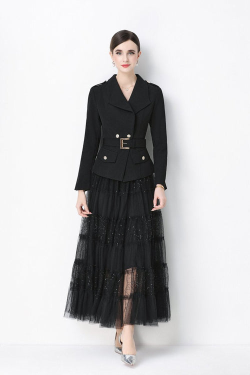 Military Notch-Lapel Peplum Jacket & Tiered Glitter Tulle Skirt Set