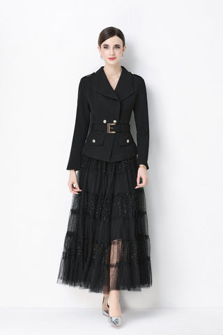 Military Notch-Lapel Peplum Jacket & Tiered Glitter Tulle Skirt Set