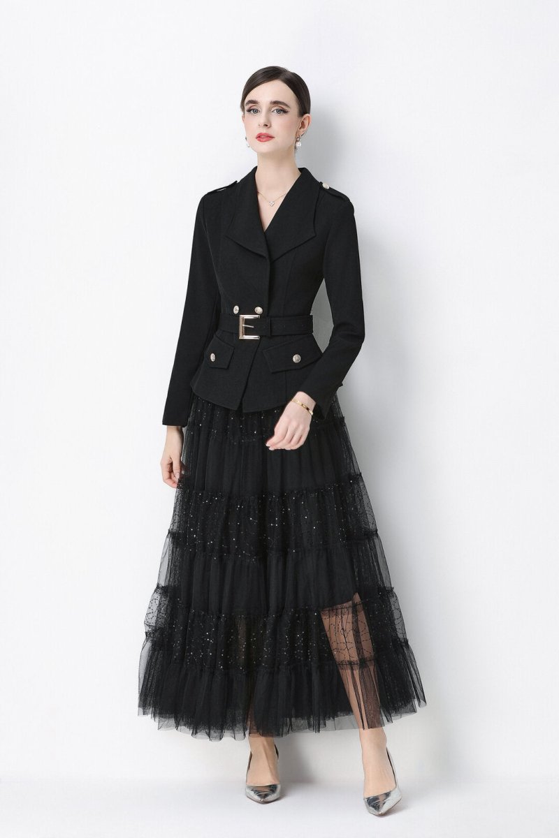 Military Notch-Lapel Peplum Jacket & Tiered Glitter Tulle Skirt Set